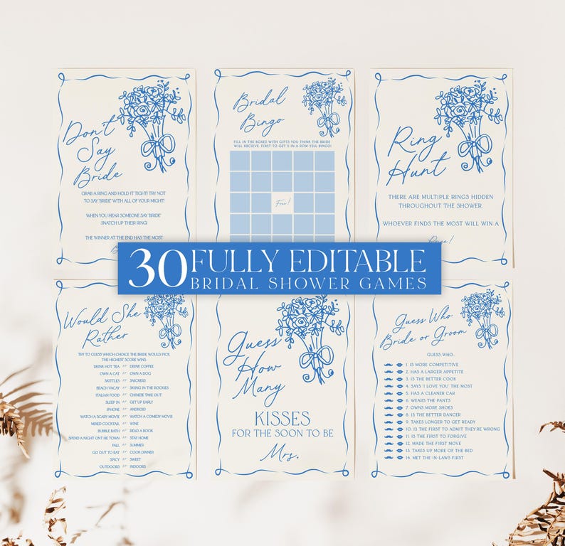 Bridal Shower Games, Fresh off the Market Bridal Shower Editable Games, Printable Games, Blue Bridal Games Pack, Blue Floral Bridal, BS69 画像 1