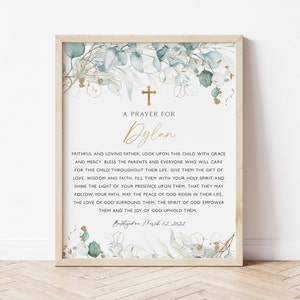 Baptism Prayer Sign, Eucalyptus Baptism Prayer Sign, Christening Prayer Sign, 8X10 Printable Baptism Signs, Blue Gold Baptism Signs, BT3