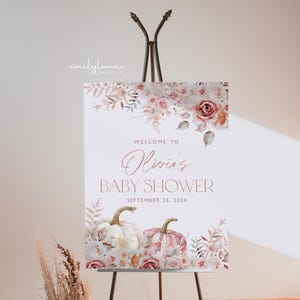 Pumpkin Baby Shower Welcome Sign, Floral Pumpkin Baby Welcome Sign, Girl Baby Shower, Pink Floral Pumpkin, Printable Welcome Sign, BBS106 image 4
