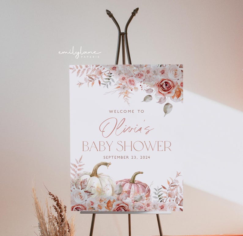 Pumpkin Baby Shower Welcome Sign, Floral Pumpkin Baby Welcome Sign, Girl Baby Shower, Pink Floral Pumpkin, Printable Welcome Sign, BBS106 image 4