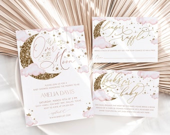 Over the Moon Baby Shower Invitation Set, Star and Moon Baby Shower Invitation Girl, Moon Baby Shower Girl, Pink and Gold Star Invite, BBS40