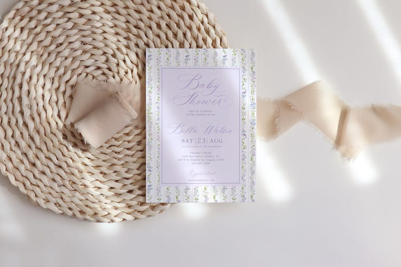 Baby Shower Invitation Template, Lavender Purple Floral Invite, Gender Neutral Baby Shower (Canva Editable) image 10