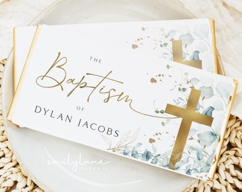 Baptism Chocolate Bar Wrapper Template, Printable Candy Bar Wrapper, Eucalyptus Candy Bar Wrapper, Christening Favors, Gold Chocolate, BT4