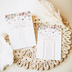 May include: Two printable cards for a bridal shower game. The first card has a floral design and says "Guess the Dress". The second card has a floral design and says "Honey Do List" with a list of chores for the bride and groom.