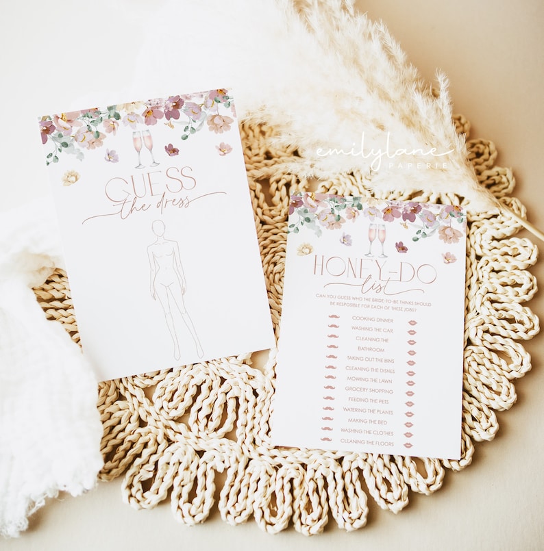 May include: Two printable cards for a bridal shower game. The first card has a floral design and says "Guess the Dress". The second card has a floral design and says "Honey Do List" with a list of chores for the bride and groom.