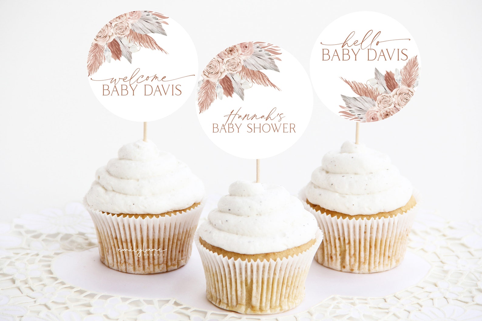 Boho Baby Shower Cupcake Toppers Pampas Grass Baby Shower Etsy