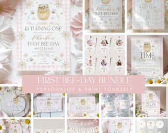 Bee First Birthday Invitation Bundle: Pink Daisies, Gingham (Canva Template Digital Download) BD148