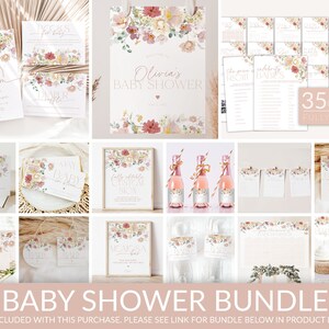 May include: A printable baby shower bundle with a floral theme. The bundle includes invitations, thank you cards, games, and decorations. The design features a pink and white color scheme with watercolor flowers.