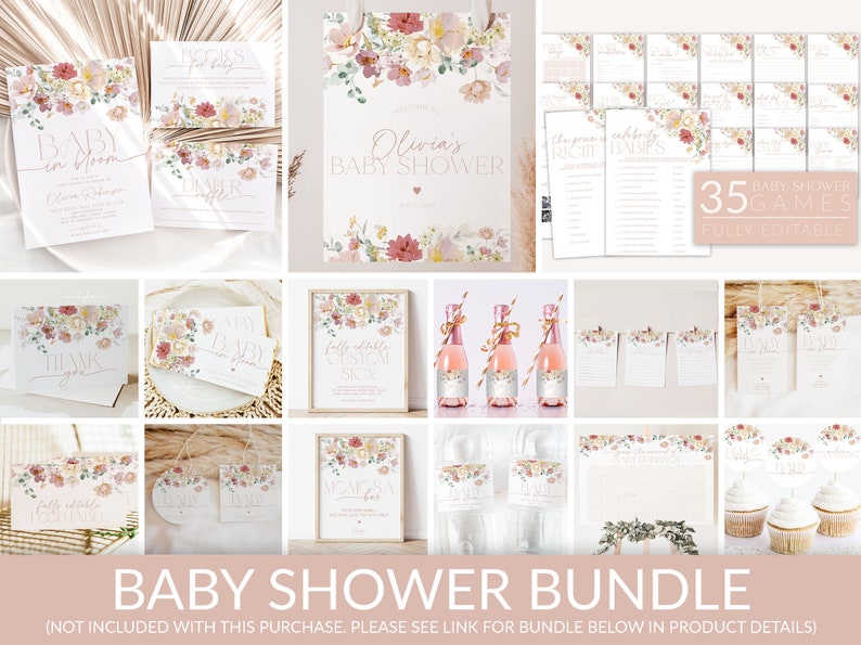 May include: A printable baby shower bundle with a floral theme. The bundle includes invitations, thank you cards, games, and decorations. The design features a pink and white color scheme with watercolor flowers.