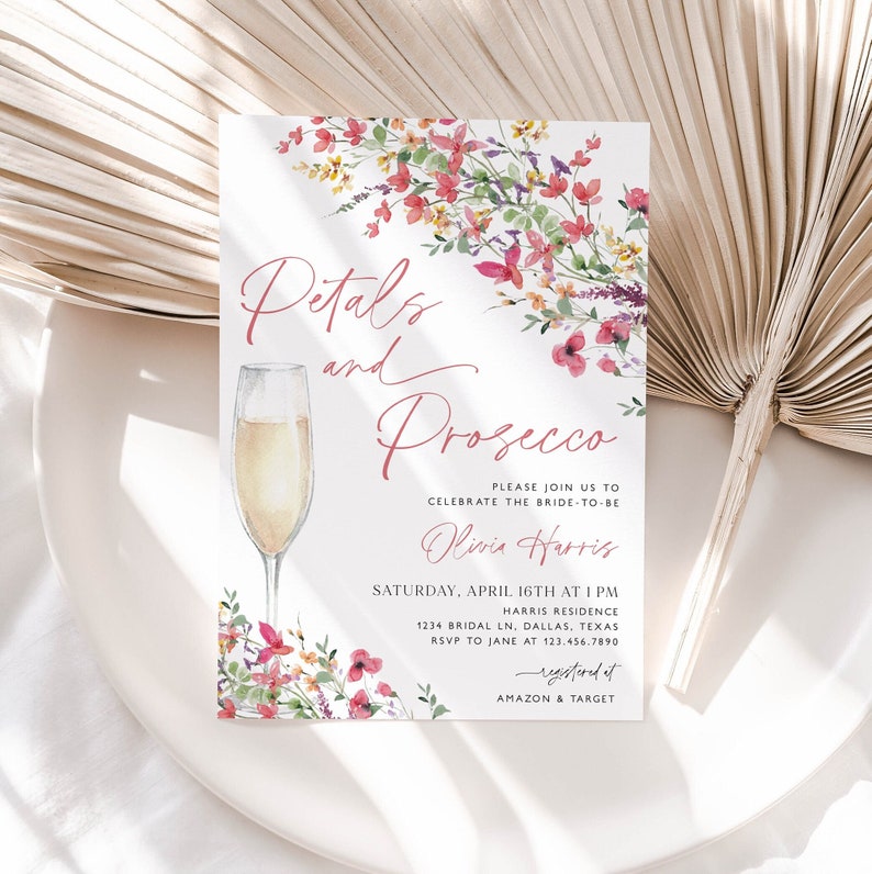 Petals and Prosecco Bridal Shower Invite, Hot Pink Wildflower Bridal Shower Invitation, Pink Petals and Prosecco, Editable Template, BS36 image 1