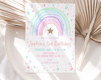 May include: A pink and white birthday invitation featuring a rainbow and a gold star. The text reads "Join us to celebrate Sophia's 3rd Birthday. Saturday, June 10th at 2 PM. Davis Residence, 1234 Rainbow Drive, Dallas, TX. RSVP to Mom 173.456.7870."