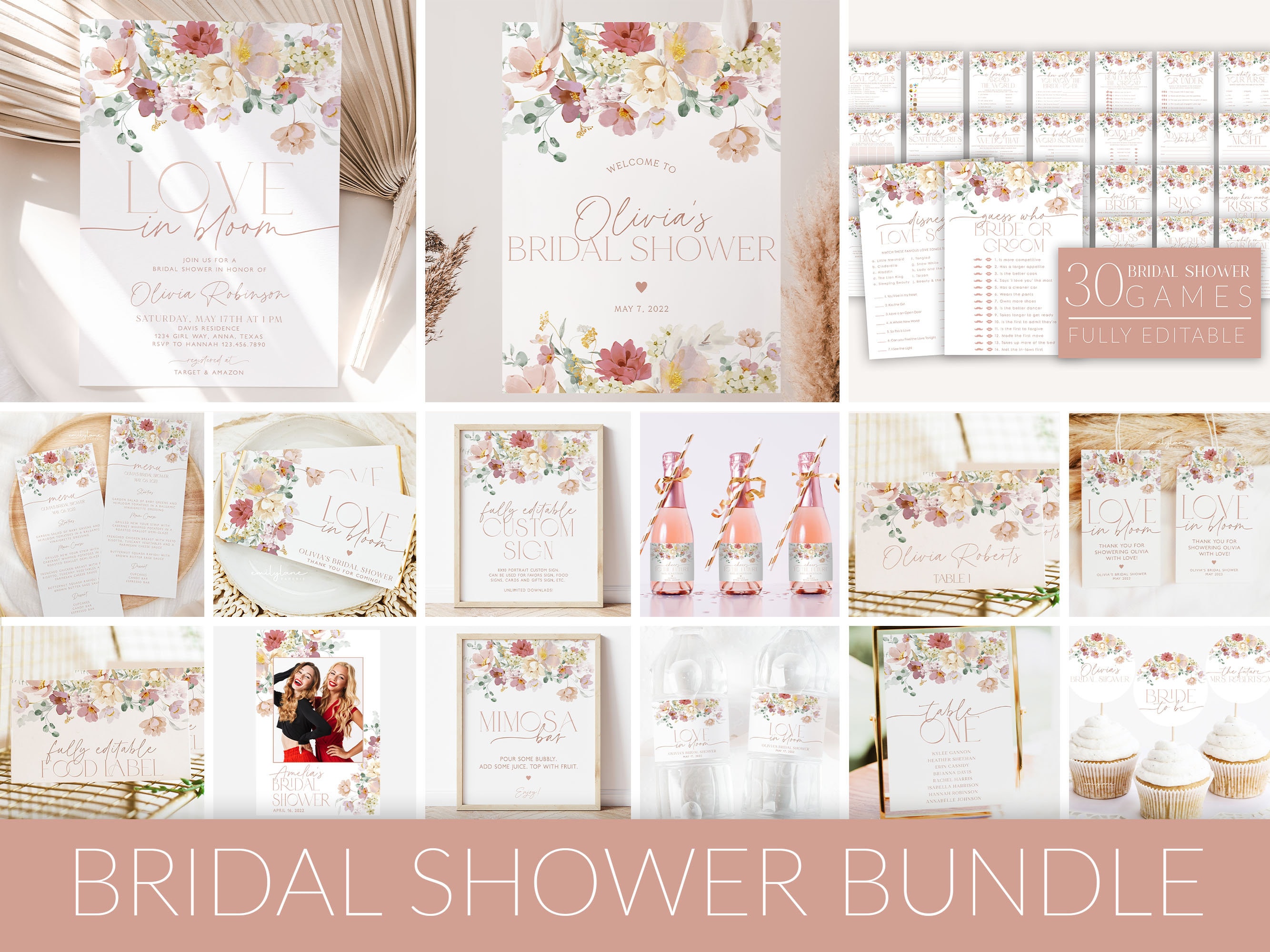 Love in Bloom Bridal Shower Invitation Bundle, Floral Bridal Shower Invitation and Games Bundle, Editable Games, Spring Bridal Shower, BS24