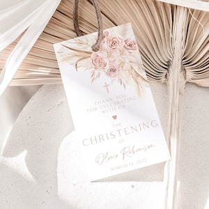 Pink Boho Christening Favor Tags, Editable Tags, Baptism Favor Tags, Pink Favor Tags, Thank You Tag, Baptism Gift Tags, Boho Favor Tag, BT6