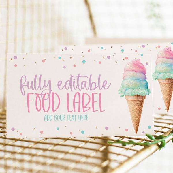 Editable Food Labels, Pastel Food Label Card, Ice Cream Birthday Food Tags, Folded Food Cards, Tented Food Labels, Pastel Food Cards, BD50