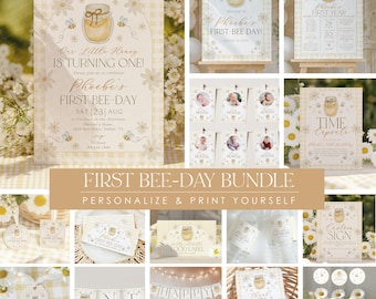 Bee 1st Birthday Invitation Bundle, First Bee Day Invite, Little Honey Girl 1st Birthday, Bee Birthday Decorations, Daisies Gingham, BD143
