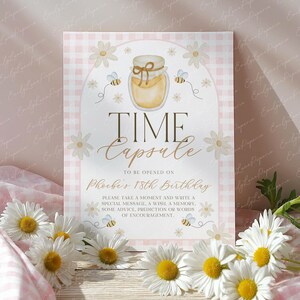 Bee 1st Birthday Time Capsule Sign, 1st Birthday Time Capsule Sign, Time Capsule Template, Honey Bee 1st Birthday, Pink Gingham, BD148