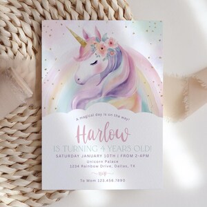 May include: A pastel-colored invitation featuring a watercolor unicorn with a rainbow mane and floral crown. The invitation reads "Harlow is turning 4 years old!" with event details.