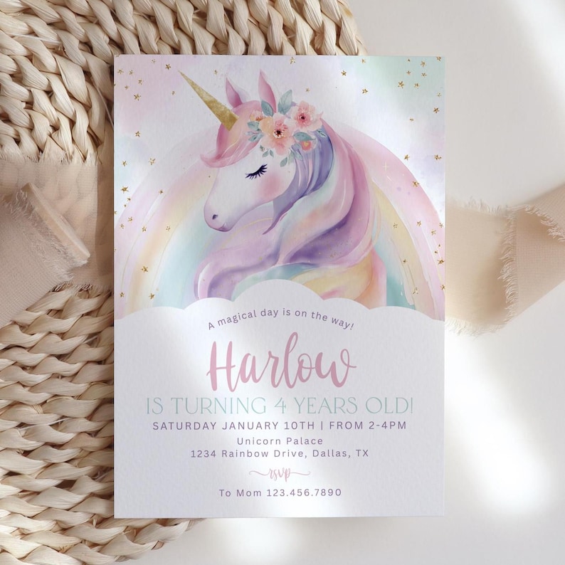May include: A pastel-colored invitation featuring a watercolor unicorn with a rainbow mane and floral crown. The invitation reads "Harlow is turning 4 years old!" with event details.