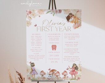 May include: A pink and gold printable first year milestone poster with a floral design and illustrations of fairies. The poster includes details about the child's first year, such as their birth date, weight, height, and favorite things. The text on the poster reads "Olivia's First Year".