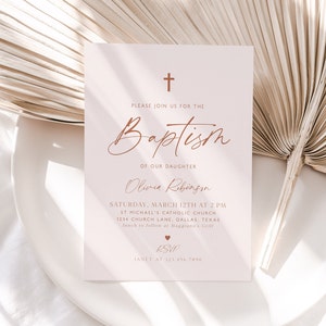 Boho Minimalist Baptism Invitation, Minimal Baptism Invitation Template, Printable Christening, Baptismal Invite Pale Pink Boho Baptism, BT8