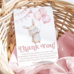 Bunny Thank You Card Template, Printable Thank You Card, Birthday Thank You Card Editable Template, Bunny 1ST Birthday Thank You Note, BD128