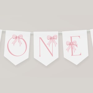 Roze strik kinderstoel banner, roze coquette strik banner, 1e verjaardag banner voor kinderstoel afdrukbare, roze strik decor 1e verjaardag, BD126