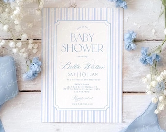 May include: A baby shower invitation with a light blue and white striped background. The invitation features the text "Baby Shower" and details for the event, including the honoree's name, date, time, and location. Floral accents surround the invitation.