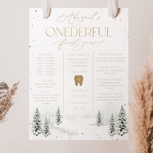 Modèle de planche d'étape importante pour le 1er anniversaire de bébé, planche d'étape importante de l'hiver Onederland, affiche d'étape importante de la forêt d'hiver, 1er anniversaire de l'hiver, BD58