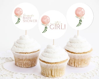 Pink Balloon Baby Shower Cupcake Toppers: Editable Girl Decor (Digital Download)