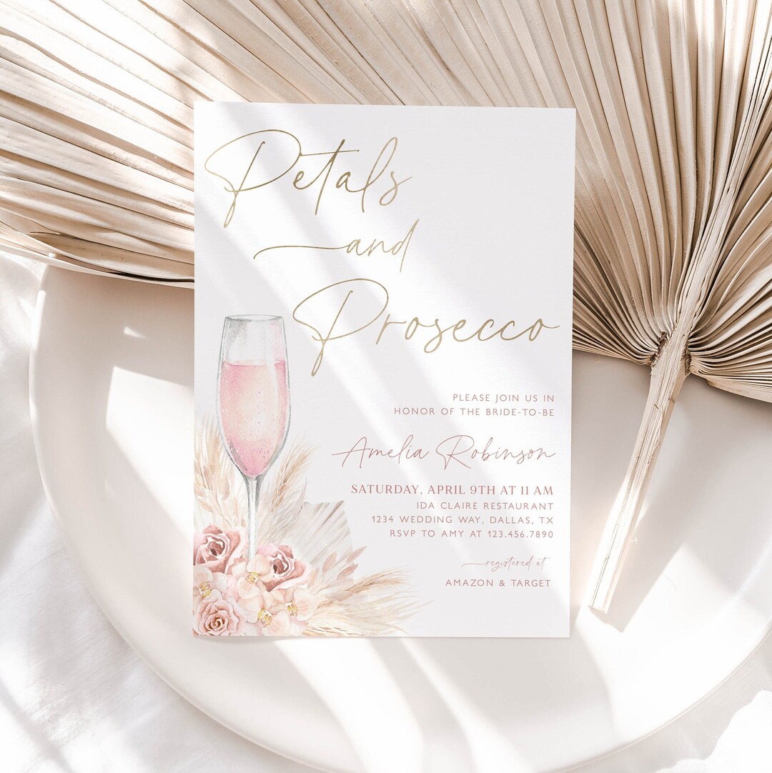 Boho Petals and Prosecco Bridal Shower Invitation, Petals and Prosecco ...