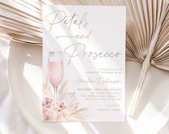 Boho Petals and Prosecco Bridal Shower Invitation, Petals and Prosecco Bridal Shower Invitation, Editable Bridal Shower Template, BS14