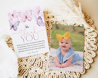 Birthday Thank You Card, Pink Butterfly Thank you, Girl 1st Birthday, Purple Butterfly Birthday, Thank You, Girl Birthday, Butterfly, BD18