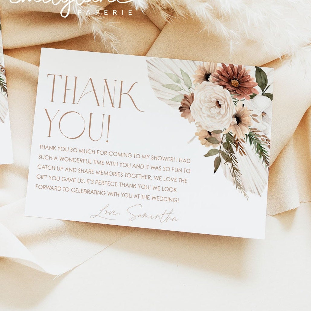 Boho Floral Thank You Card Template: Bridal Shower (digital Download ...