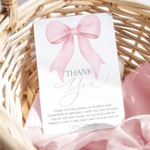 Rosa Schleife Dankeskartenvorlage, Rosa Kokette Schleife Dankeskarte, Printable Dankeskarte, Rosa Schleife Dankeschön Hinweis, Mädchen Geburtstag, BD126