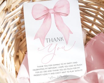 Pink Bow Thank You Card Template, Pink Coquette Bow Thank You Card, Printable Thank You Card, Pink Bow Thank You Note, Girl Birthday, BD126