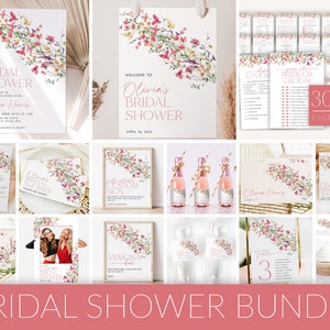 Pink Wildflower Bridal Shower Invitation Bundle, Bridal Shower Invitation and Games Bundle, Editable Games, Printable Bridal Shower, BS26