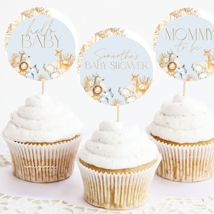 Blauer Boho Safari Babyparty Cupcake Toppers, Boho Babyparty Cupcake Toppers, Dschungel-Babyparty Cupcake Toppers, Blaues Safari Baby, BBS45