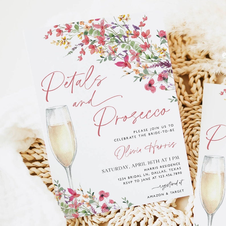 Petals and Prosecco Bridal Shower Invite, Hot Pink Wildflower Bridal Shower Invitation, Pink Petals and Prosecco, Editable Template, BS36 image 5