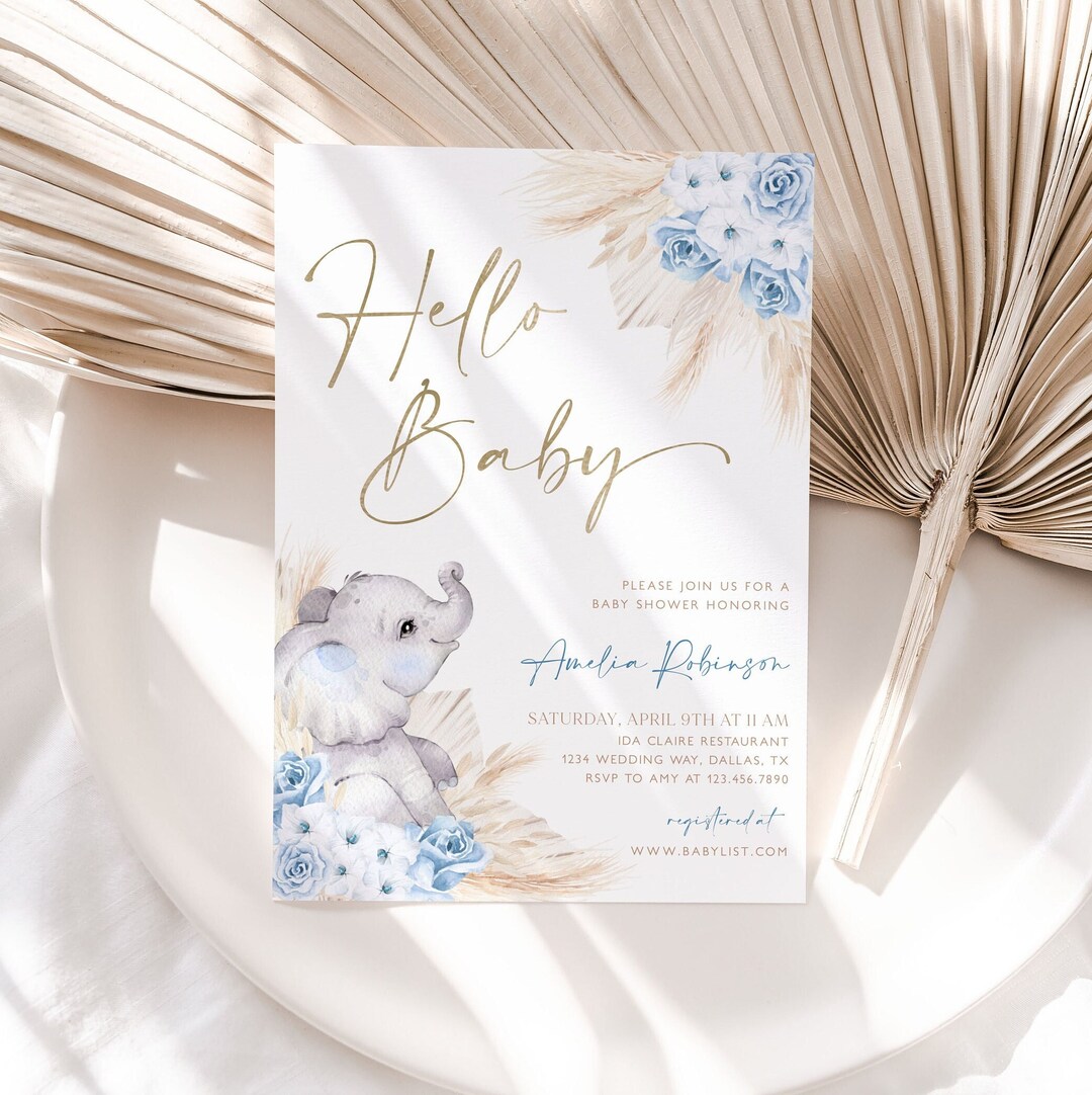 Boho Elephant Baby Shower Invitation, Boy Baby Shower, Blue Elephant