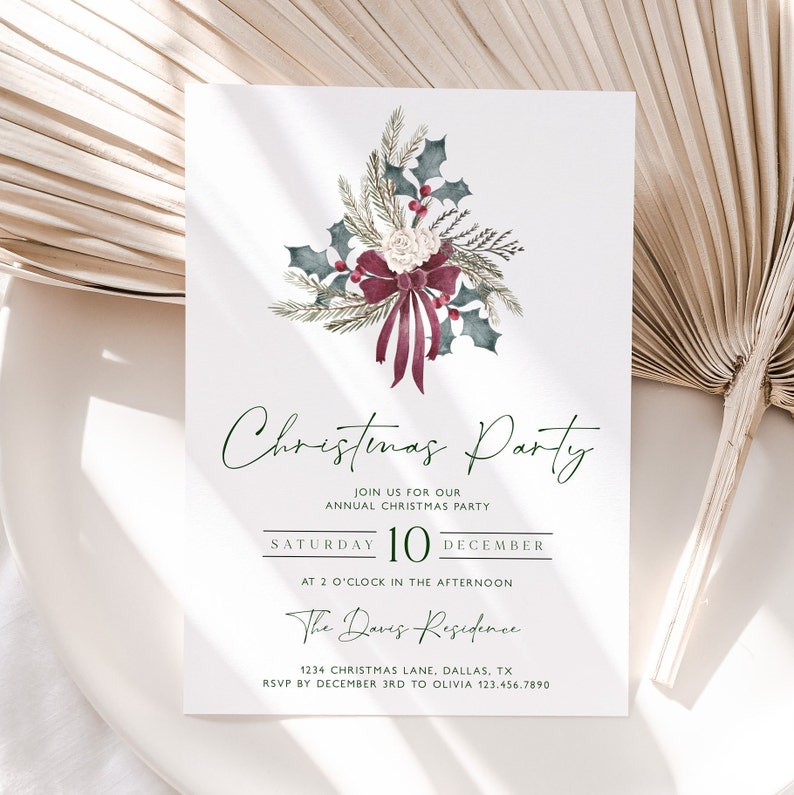 Christmas Party Invitation, Holiday Party Invitation Template, Editable Christmas Invitation, Christmas Holly, Work Holiday Party, CP10 image 4