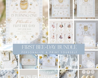 Bee 1st Birthday Invitation Bundle Blue, First Bee Day Invite, Little Honey Girl 1st Birthday, Birthday Decor, Daisies Blue Gingham, BD149