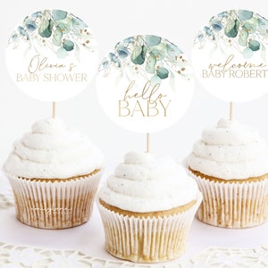 Greenery Cupcake Toppers, Baby Shower Cupcake Toppers, Printable Greenery Baby Shower Cupcake Topper, Editable Cupcake, Baby Shower, BBS38