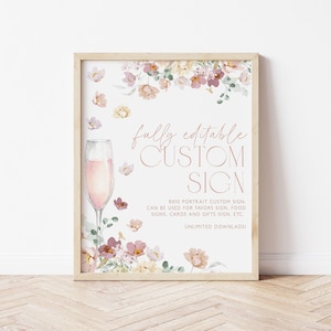 Sinal personalizado editável floral rosa, sinal personalizado de champanhe, sinal floral de primavera para chá de panela, download instantâneo, chá de panela editável, BS28