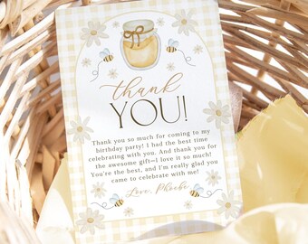 Bee Thank You Card Template, Printable Birthday Thank You Card, Editable Thank You Card, Bee First Birthday Thank You Card