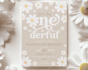 Daisy 1st Birthday Invitation: Onederful Invitation, Editable Canva Template (5x7" Digital Download) BD147