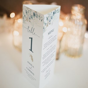 Eucalyptus Tri-fold Table Number Template, Editable Tri-fold Table Menu, Wedding Table Numbers, Printable Greenery Menu, Juliet