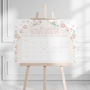 Calendrier floral baby shower, Date de naissance, signe d'arrivée de bébé imprimable, baby shower de bébé en fleurs, signe de date d'échéance bébé, BBS103