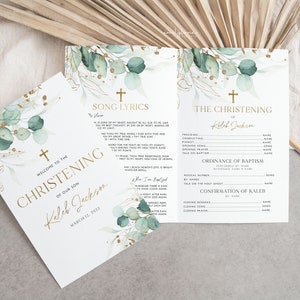 Baptism Programs, Printable Christening Program Template, Printable Eucalyptus Baptism Program, Blue Gold Baptism, Order of Events, BT2