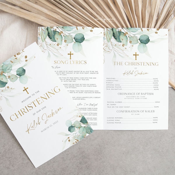 Baptism Programs, Printable Christening Program Template, Printable Eucalyptus Baptism Program, Blue Gold Baptism, Order of Events, BT2