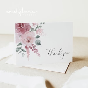 Dusty Rose Thank You Card Template, Printable Thank You Card, Instant Download Thank You Cards, Editable Thank You, Rose Wedding, Rosa